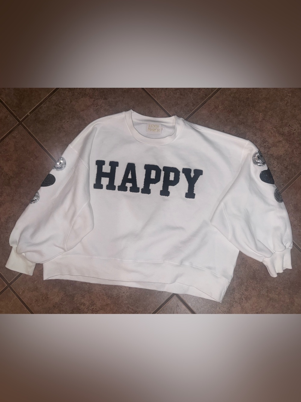 Judith March Embroidered HAPPY pullover size large white sequin silver black